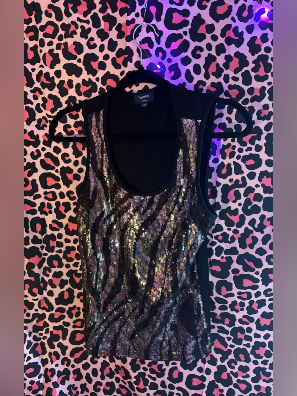 Y2K mcbling zebra print Women's Black and Silver Sequin Tank Top